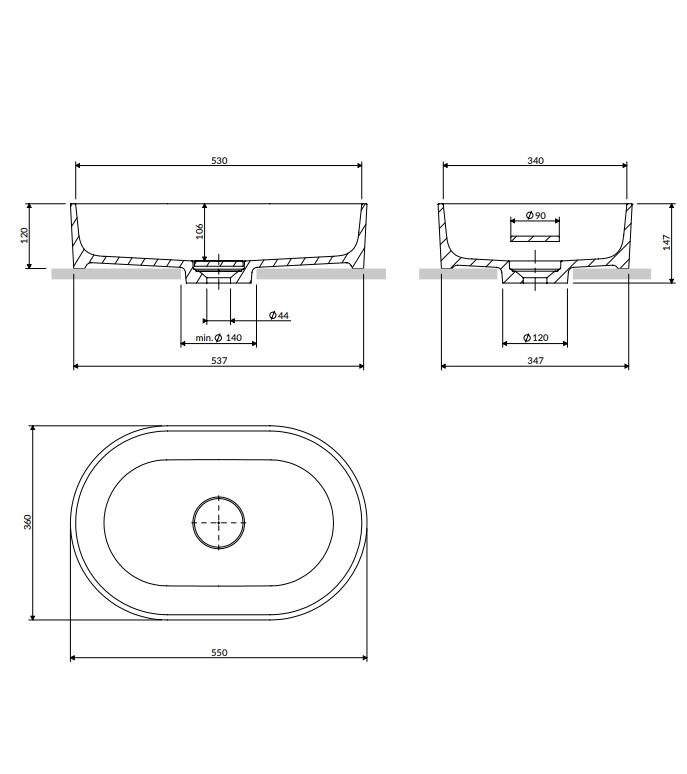 Умывальник накладной OMNIRES OVO M+ 55 x 36 cm OVOUNBM — 6