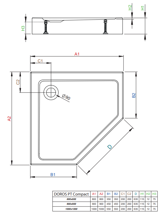Cadita dus Radaway Doros PT Piatra neagra 90x90x115 (SDRPTP9090-05-54S) — 2